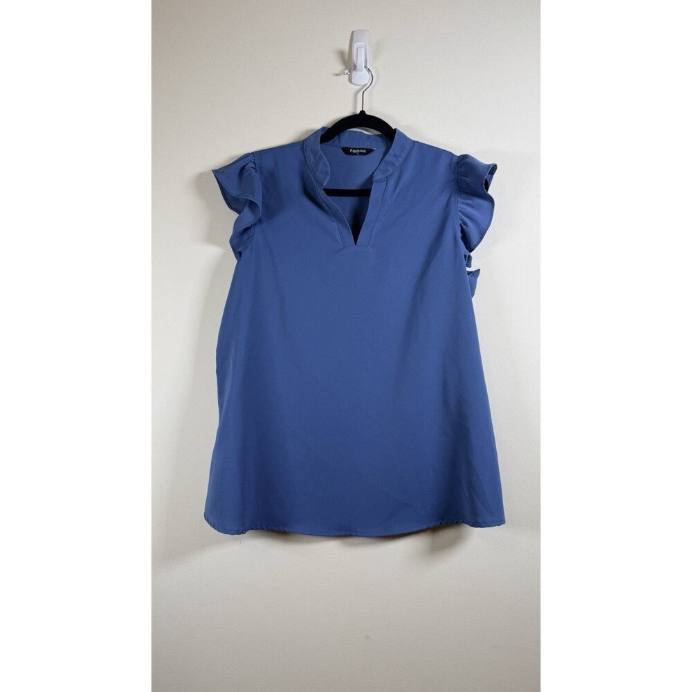 Fashion Womens Blue V-Neck Ruffle Flutter Short Sleeve Blouse 100% Poly M